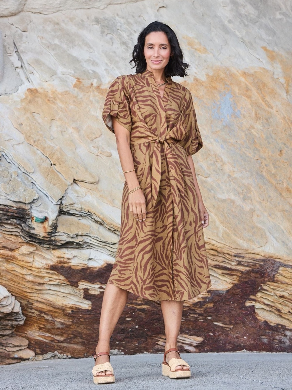 Maye Chloe Midi Short Sleeve Dress Linen Blend Azura Animal Print Small US 6